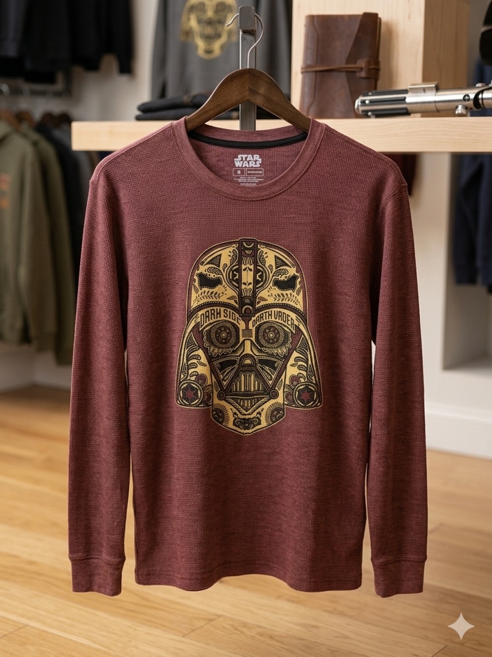 Fifth Sun Men's Long Sleeve Burgundy Shirt with Gold Darth Vader Graphic